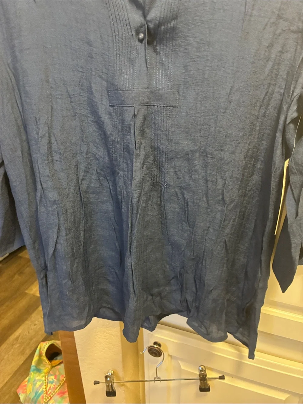 Counterparts navy blue tunic top with  split neckline and pleated detailing NWT